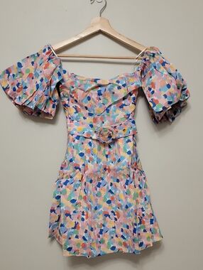 Paloma Blue Sz XS Off-Shoulder Multicolor Confetti Print Mini Dress w Belt NWT